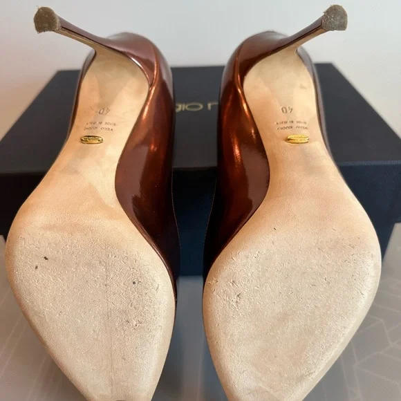 SALE SERGIO ROSSI GODIVA Red Dark Metallic Bronze Patent Leather Point Toe Pumps - Picture 10 of 12